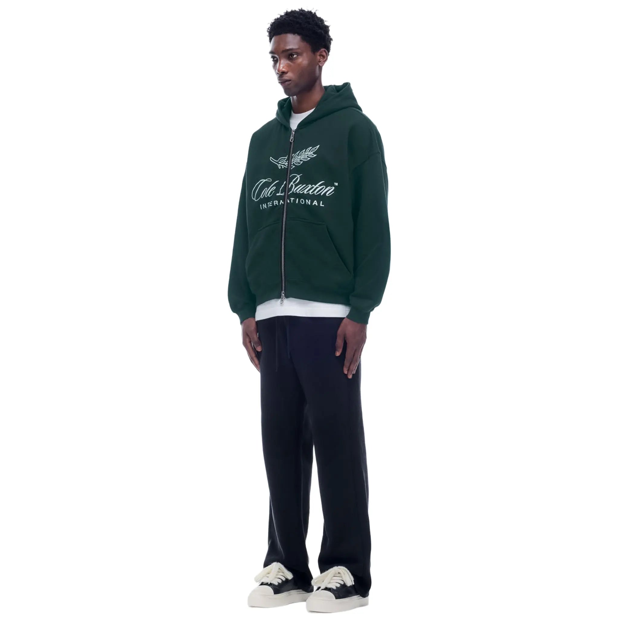 Model Front Side View of Cole Buxton International Forest Green Zip Up Hoodie